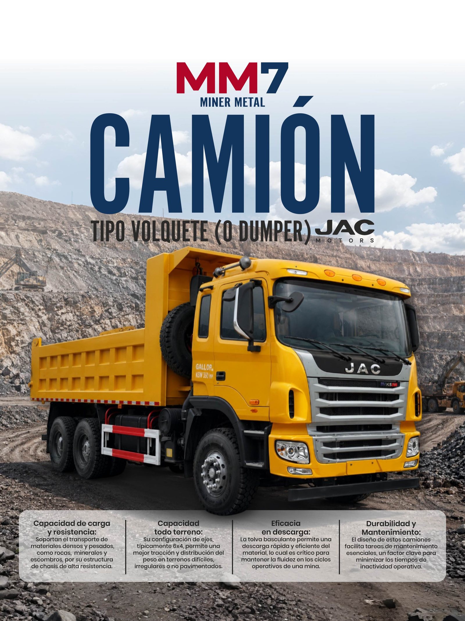Camion tipo volquete JAC amarillo en una mina